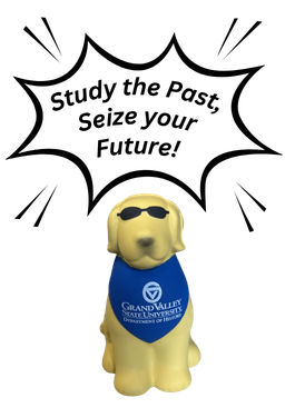 Harold the History Hound with sunglasses & a blue GVSU scarf around his neck